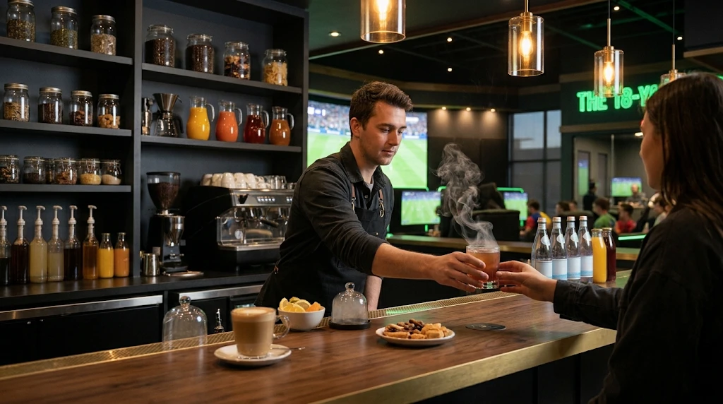 Concept rendering of a barista handing a smoking mocktail across the walnut bar at The 18-Yard Club, with an espresso machine and a latte on the counter