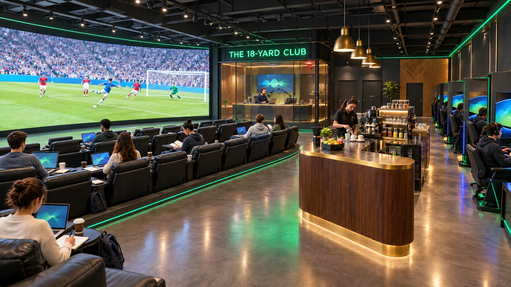Concept rendering of The 18-Yard Club in the daytime: students studying with laptops and coffee in the recliners, a podcaster recording in the glass studio, and a barista at the coffee bar