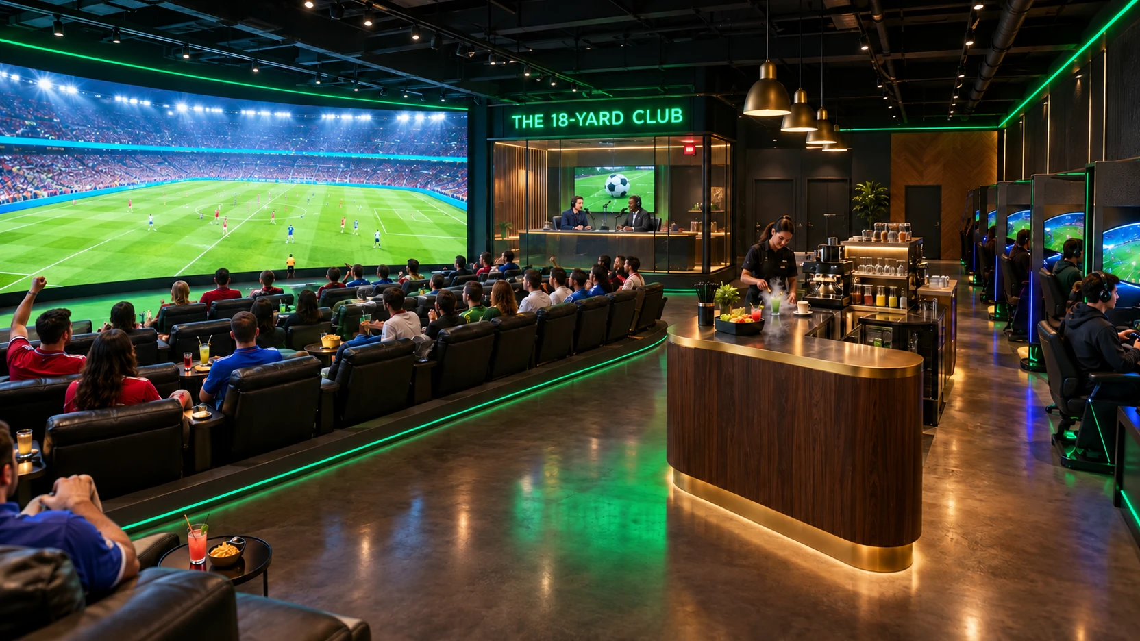 Concept rendering of The 18-Yard Club: a curved LED wall showing a live match above tiered recliners, a glass commentary studio, console pods and a coffee and mocktail bar
