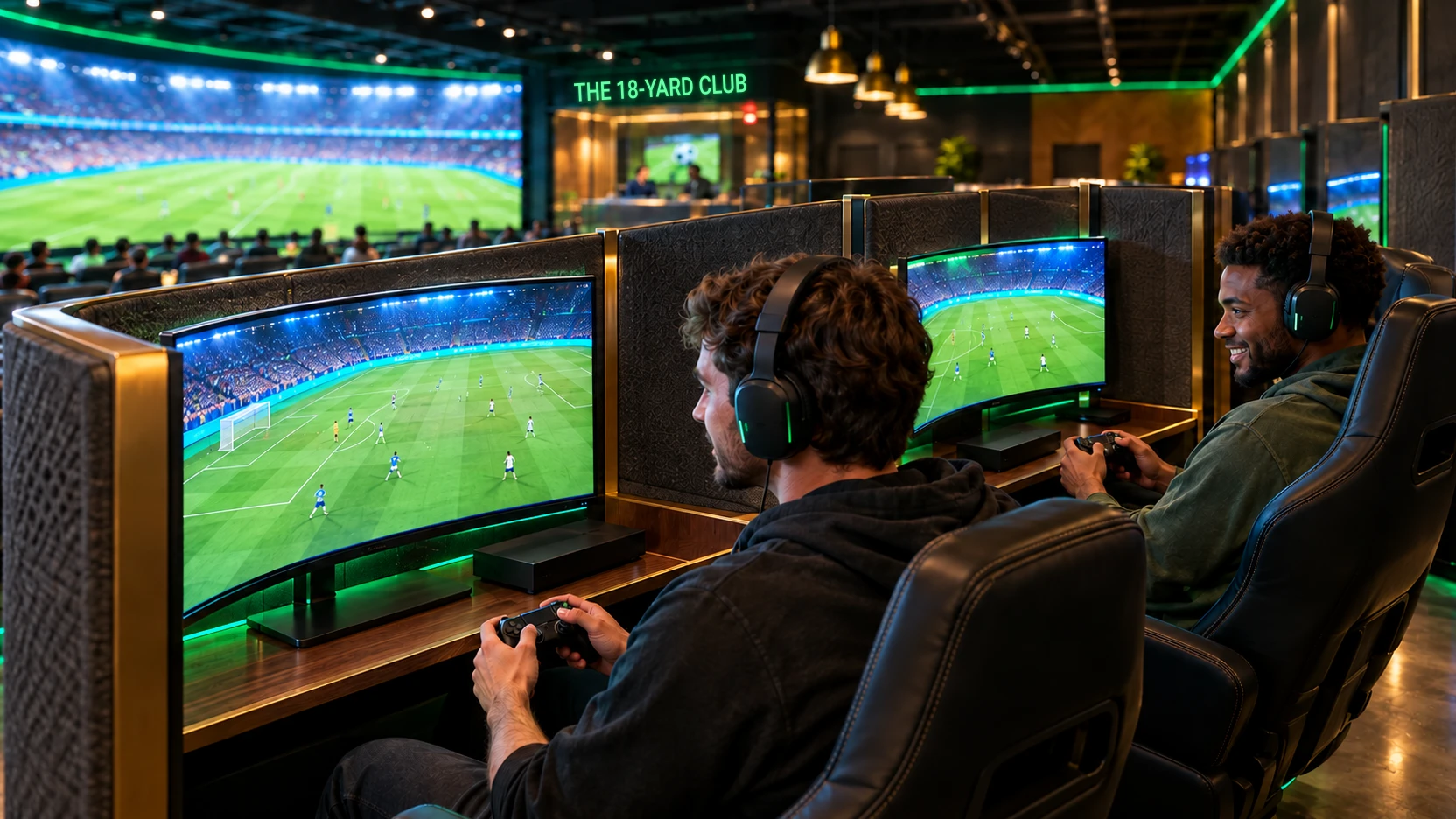 Concept rendering of the gaming zone at the back of The 18-Yard Club: two friends with headsets playing console games, with the curved LED wall and glass studio in the distance